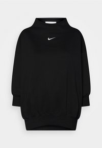 Black sweatshirt with a high collar and dropped shoulders, made of a smooth fabric. Features a white Nike logo on the chest.