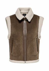 Brun fløjlsvest med en cremet faux shearling krave og trim, udstyret med en front lynlås og to sidelommer.