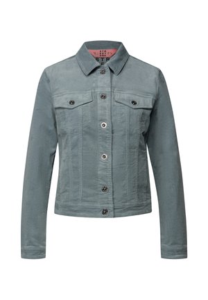 Veste en denim gris clair avec des manches longues, fermeture à boutons, deux poches poitrine et un col classique. Texture lisse et coupe ajustée.