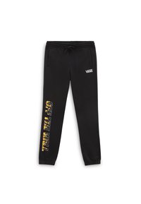 Pantaloni della tuta neri con vita elastica, caratterizzati dal logo 'VANS' in bianco e dal testo 'OFF THE WALL' in giallo e arancione sulla gamba sinistra.