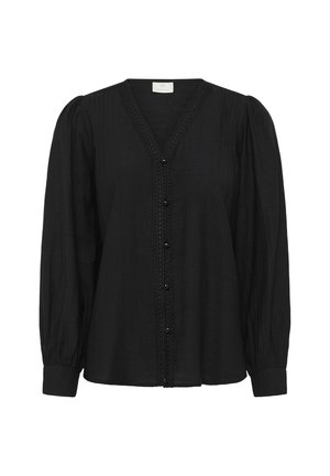 Blouse noire à manches longues avec un col en V, des épaules plissées, une fermeture à boutons sur le devant et une garniture décorative le long de l'encolure et du panneau de boutons.