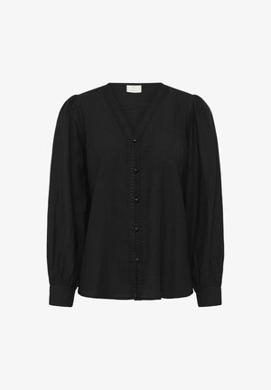 Crna bluzica dugih rukava s V-izrezom, plisiranim ramenima, dugim gumbima sprijeda i dekorativnim rubom duž izreza i gumbane liste.