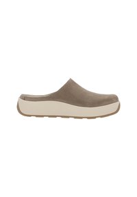 Light brown leather slip-on clog with a rounded toe, cushioned white platform sole, and subtle texture detailing on the upper.