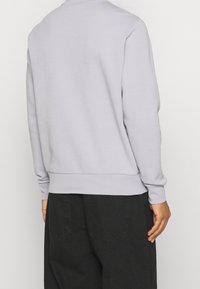 Sudadera gris claro con puños y dobladillo acanalados, que presenta un diseño clásico de cuello redondo. Superficie lisa, textura suave y sin patrones visibles.