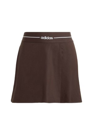 Brown athletic skirt with a solid design, elastic waistband featuring white "adidas" logo, and a smooth texture.