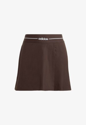 Brown athletic skirt with a solid design, elastic waistband featuring white "adidas" logo, and a smooth texture.