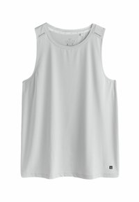 Helles graues ärmelloses Sport-Tanktop aus strukturiertem Stoff. Verfügt über einen Rundhalsausschnitt und ein dezentes Logo auf der unteren rechten Seite.