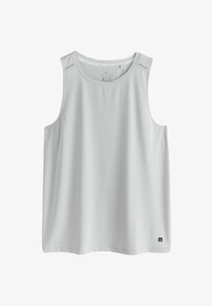 Helles graues ärmelloses Sport-Tanktop aus strukturiertem Stoff. Verfügt über einen Rundhalsausschnitt und ein dezentes Logo auf der unteren rechten Seite.
