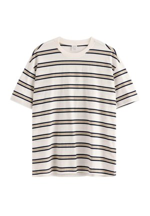 Hvid T-shirt med korte ærmer, med vandrette sorte og beige striber, rund hals og almindelig pasform.