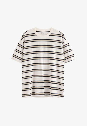 Hvid T-shirt med korte ærmer, med vandrette sorte og beige striber, rund hals og almindelig pasform.