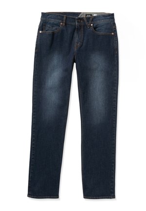 Jeans de mezclilla azul oscuro con un diseño de pierna recta, que cuentan con cinco bolsillos y costuras en naranja contrastante. Textura suave, estilo clásico.