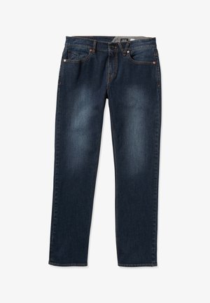 Dark blue denim jeans with a straight leg design, featuring five pockets and contrasting orange stitching. Smooth texture, classic style.