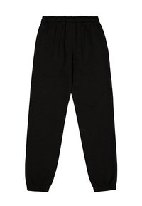 Pantaloni della tuta neri con cintura elastica, gamba affusolata e texture morbida. Il design non presenta motivi né accenti aggiuntivi.