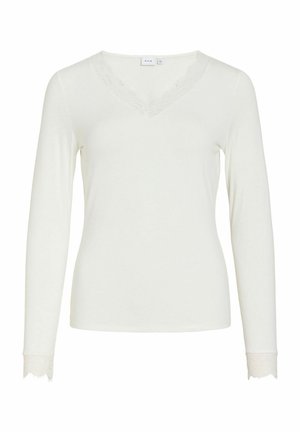 Maglia bianca da donna a maniche lunghe con scollo a V, bordatura in pizzo su scollo e polsini, design semplice e silhouette aderente.