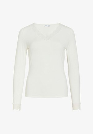 Maglia bianca da donna a maniche lunghe con scollo a V, bordatura in pizzo su scollo e polsini, design semplice e silhouette aderente.