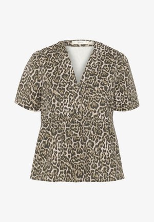 Kortærmet bluse i beige med et sort og brunt leopardmønster. Har V-hals og rynket talje for en afslappet pasform.