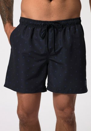Schwarze Schwimmshorts mit einem blauen Punktmuster, elastischem Bund, Kordelzug, zwei Seitentaschen und einem dezenten Logo am Saum.