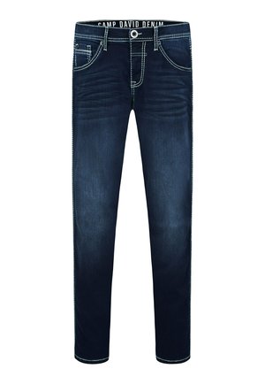 Dark blue denim jeans with a straight cut, featuring light stitching, five pockets, and a logo waistband. Durable, classic design.