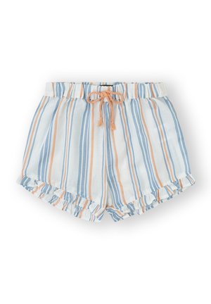 Shorts cortos a rayas hechos de una tela ligera en azul, naranja y blanco, con un dobladillo con volantes y una cintura elástica con cordón ajustable.