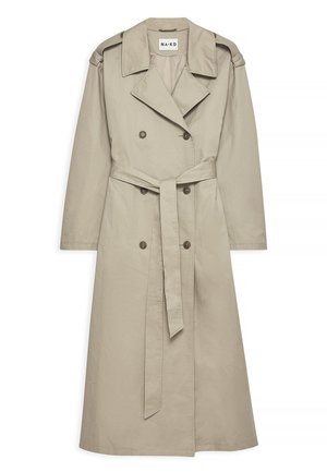 Beżowy płaszcz typu trencz wykonany z lekkiego materiału. Posiada podwójne guziki, paski w talii oraz kołnierz z naramiennikami.
