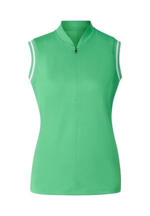 Sleeveless green athletic top with a short front zipper and white double stripes on the arm openings.
