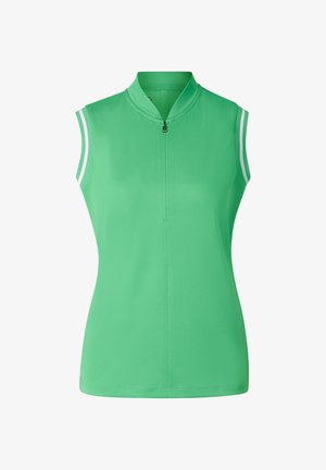 Αμάνικη πράσινη αθλητική μπλούζα με κοντό φερμουάρ μπροστά και λευκές διπλές ρίγες στις ανοίγματα των μανικιών.