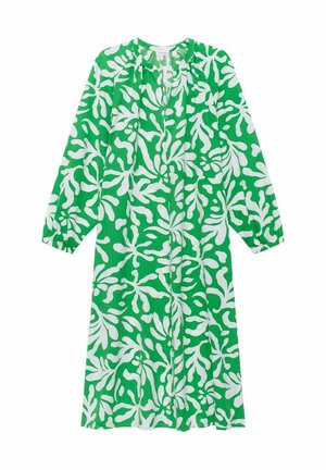 Grøn kjole med hvide, blad-lignende mønstre. Lange ærmer, rynket udskæring og løs pasform. Fremstillet af letvægtigt, struktureret stof.