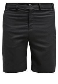 Schwarze Shorts aus glattem Stoff mit klassischer Passform. Verfügt über einen Knopfverschluss, Gürtelschlaufen und umgeschlagenen Saum, was ein einfaches Design bietet.