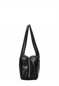 Sac à main en cuir noir de forme rectangulaire, avec double poignées et fermeture éclair centrale. Texture lisse avec des détails de design minimalistes.