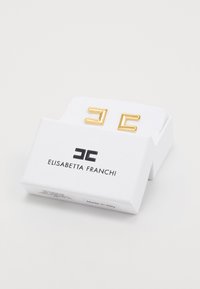 Pair of gold-tone geometric earrings displayed on a white cushion inside a white box with Elisabetta Franchi logo.