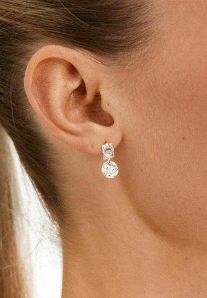 Sudraba auskari ar taisnstūrveida naglu un apaļu piekariņu ar teksturētu virsmu, kas izceļ caurspīdīgu, mirdzošu izskatu.