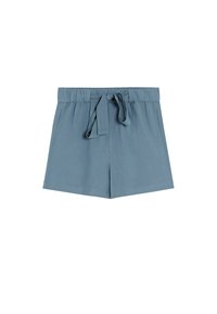 Shorts blu in cotone con vita elastica e cintura regolabile, caratterizzati da una superficie liscia e tasche laterali.