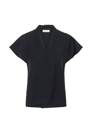 Zwarte top met korte mouwen en V-hals, gemaakt van textuurstof, met een relaxte pasvorm en subtiele plooidetails bij de schouders.