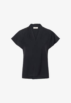 Zwarte top met korte mouwen en V-hals, gemaakt van textuurstof, met een relaxte pasvorm en subtiele plooidetails bij de schouders.