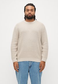 Maglione lavorato a maglia beige chiaro con collo rotondo, polsini e orlo a coste, caratterizzato da un motivo textured e una vestibilità comoda, abbinato a jeans blu.