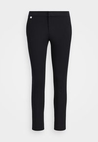 Zwarte slim-fit broek gemaakt van rekbaar materiaal. Beschikt over een soepele tailleband en subtiele branding. Geen zakken of zichtbare naden.