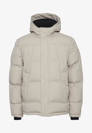 Giubbotto imbottito beige con cappuccio, caratterizzato da un design trapuntato, chiusura con zip, due tasche frontali e polsini neri per un calore aggiuntivo.