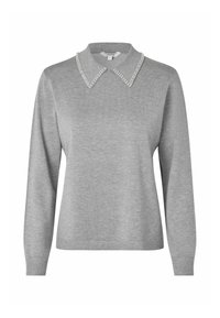 Világosszürke hosszú ujjú pulóver bordázott mandzsettákkal és szegéllyel, hegyes gallérral, amelyet kis fehér gyöngyökkel díszítettek.