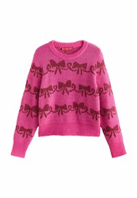 Roze gebreide trui met een ronde hals, voorzien van een herhalend patroon van donkerroze strikken, geribbelde manchetten en zoom. Zachte textuur, cropped ontwerp.