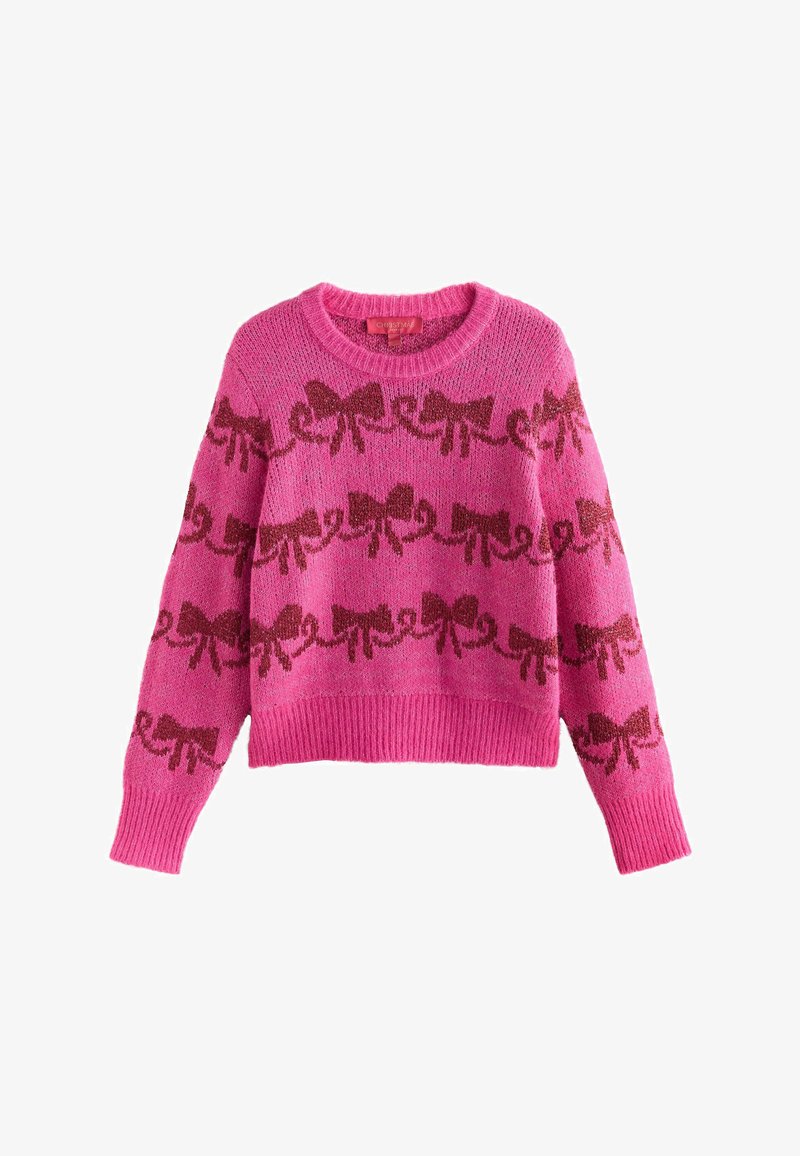Maglione rosa lavorato a maglia con collo a giro, caratterizzato da un motivo a fiocchi rosa scuro ripetitivo, polsini e orlo a coste. Morbida texture, design corto.