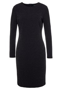 Black long-sleeve dress with a round neckline, made of textured fabric with subtle sparkle. Features a back zipper for closure.