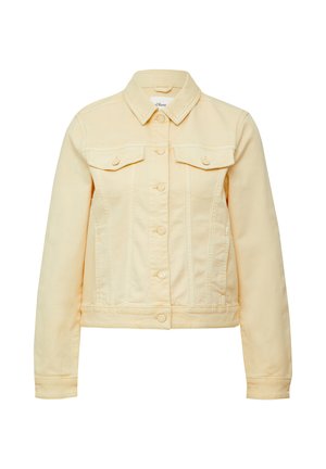 Hellgelbe Jeansjacke mit klassischem Kragen, langen Ärmeln, zwei Brusttaschen, vorderem Knopfverschluss und abgerundetem Saum.