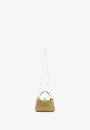 Gold mesh handbag with a structured shape, metallic chain strap, and a circular top clasp. Textured surface with a shimmering finish.