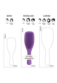 Brosse démêlante violette présentée avec les dimensions de taille et les recommandations de type de cheveux pour les tailles mini, régulière et grande.