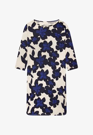 Sukienka w kwiaty na kremowym tle z ciemnogranatowym wzorem kwiatowym. Posiada okrągły dekolt i rękawy do połowy ramienia, wykonana z miękkiego materiału.