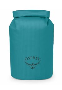Bolsa de secado impermeable en color azul aguamarina, hecha de material duradero, con cierre enrollable y logotipo negro prominente de Osprey, además de un patrón de cuadrícula texturizado.