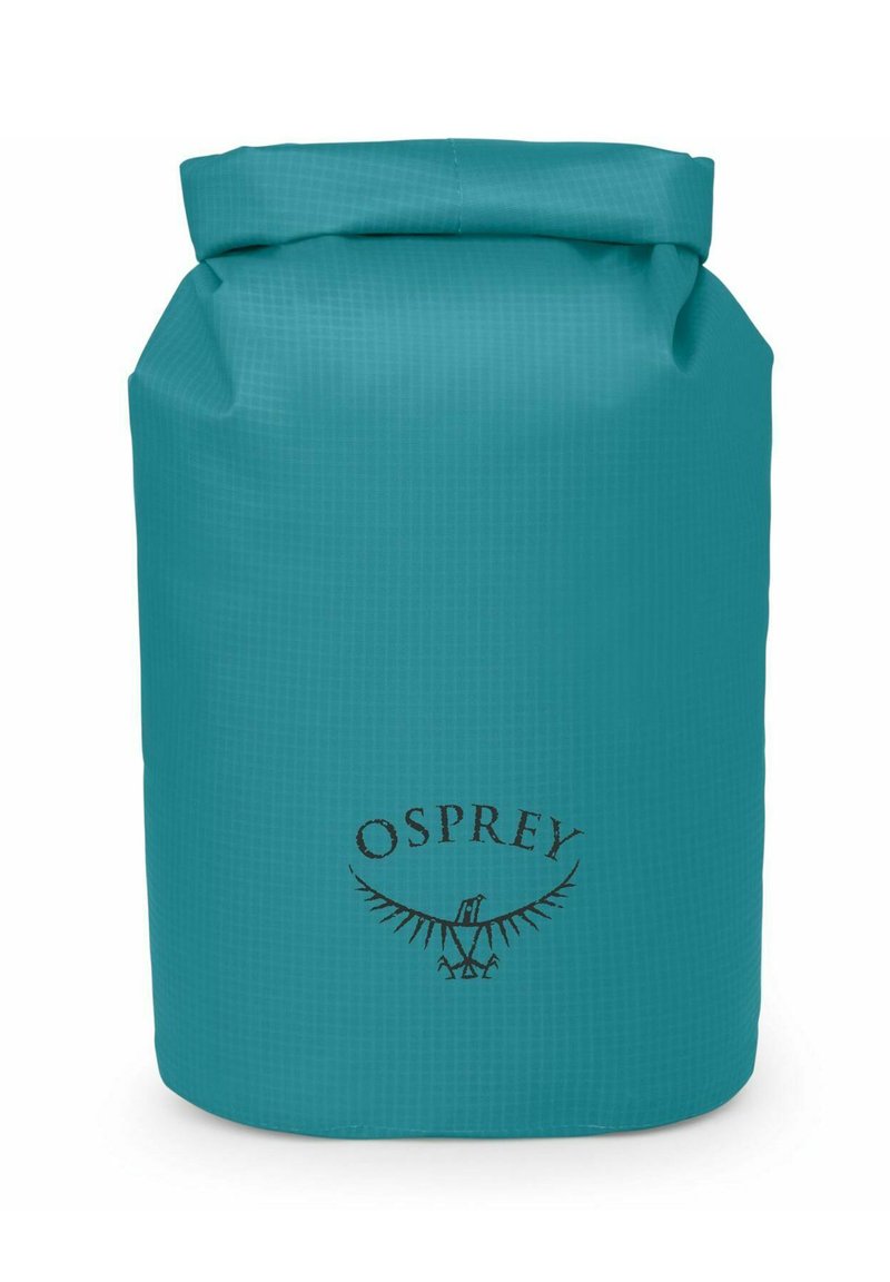 Bolsa de secado impermeable en color azul aguamarina, hecha de material duradero, con cierre enrollable y logotipo negro prominente de Osprey, además de un patrón de cuadrícula texturizado.