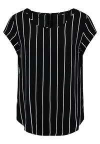 Blouse noire à manches courtes avec des rayures verticales blanches, encolure ronde et une discrète fermeture éclair dans le dos. Tissu doux et léger.