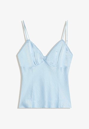 Camisolă din satin albastru deschis cu bretele subțiri reglabile și decolteu în formă de V, concepută pentru îmbrăcăminte casual sau pentru somn a femeilor.