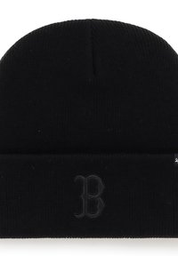 Black knit beanie, features a ribbed texture, folded cuff, and an embossed letter "B" logo in a darker shade on the front.